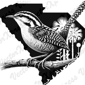 May include: Black and white illustration of a Carolina Wren perched on a branch in front of an outline of the state of South Carolina.