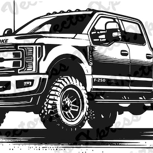 May include: Black and white illustration of a Ford F-250 pickup truck with "POWERSTROKE" and "F-250" text on the side. The truck has large tires and a 4x4 emblem.