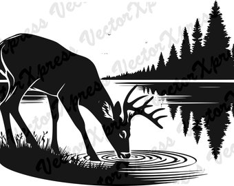 Deer | Buck on The Lake Cut Files: Vector Graphic, Multiple Formats, High-Quality