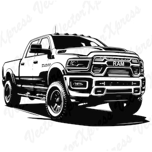 Puede incluir: Ilustración en blanco y negro de una camioneta Ram 2500. La camioneta tiene una gran parrilla negra con la palabra "RAM" en letras blancas. La camioneta tiene neumáticos grandes y un parachoques negro.