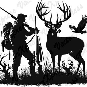 May include: A black and white silhouette illustration of a hunter with a rifle standing in tall grass, aiming at a large buck with antlers. A smaller buck is visible in the background, and a bird flies overhead.