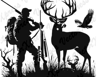 Deer Hunting Scene Silhouette Cut Files: Vector Graphic, Multiple Formats, High-Quality