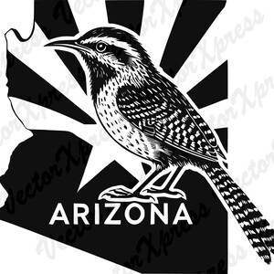 May include: Black and white illustration of a bird with the word "ARIZONA" underneath. The bird is standing on a black silhouette of the state of Arizona.