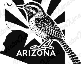 State of Arizona Vector Graphic Silhouette with Cactus Wren