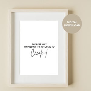 Può includere: Una stampa incorniciata bianca con una citazione in bianco e nero che recita "Il modo migliore per prevedere il futuro è crearlo".