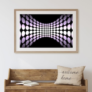 May include: A framed print of a black and white abstract design with a gradient of purple and white circles. The circles are arranged in a curved pattern, creating a sense of depth and movement.