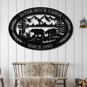 Letrero de metal para cabañas, casas de campo o casas de alquiler con escenas de osos, bosques y montañas/letrero personalizado con nombre de cabaña/decoración de alojamiento y desayuno