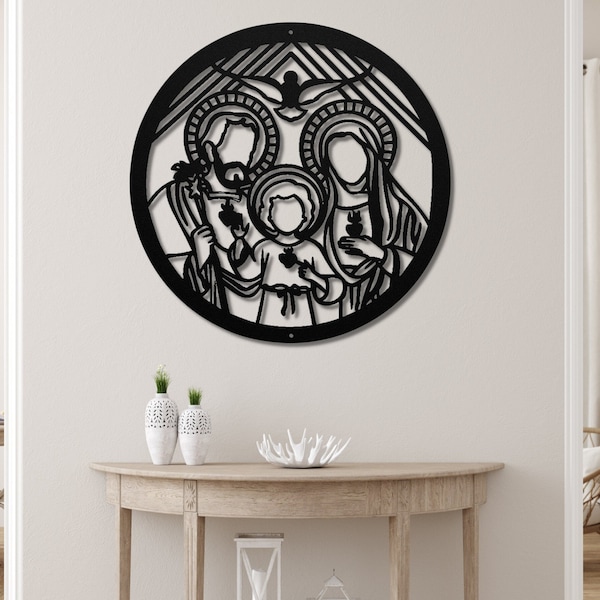 Holy Family Metal Wall Art| Holy Family's Three Sacred Hearts Artwork| Jesus Mary Joseph Line Art| Religious Home Decor|  Catholic Mom Gift