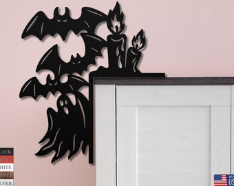 Metal Halloween Door Corner Sign: Bat, Ghost & Candle Decor