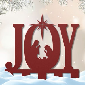 Metal JOY Sign with Nativity Scene: Weatherproof Christmas Yard Art