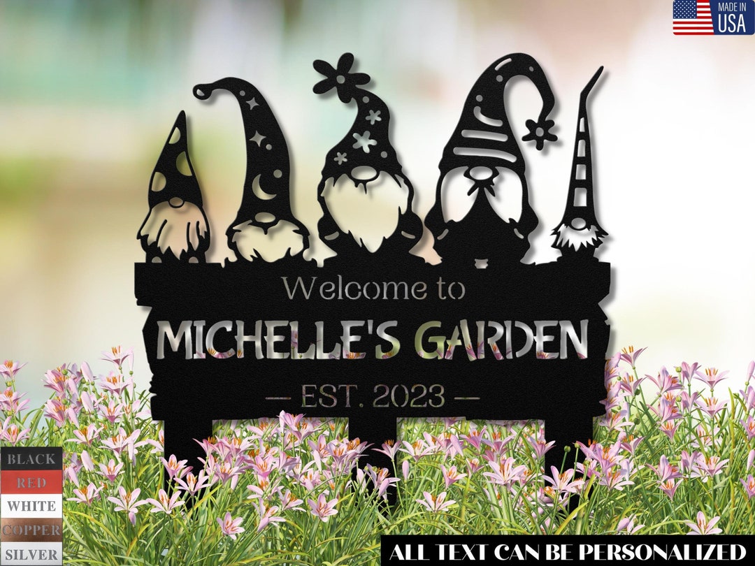 Metal Garden Sign With Gnomes Custom Outdoor Garden Decoration Plaque