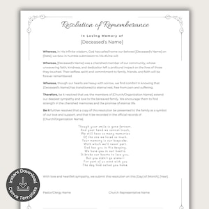 Carta de resolución para funeral, Apoyo para servicio conmemorativo de la iglesia, Programa minimalista de homenaje y conmemoración, Plantilla editable de Canva