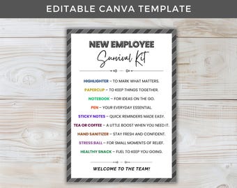 New Employee Survival Kit Tag, Team Welcome Gift, Team Appreciation Tags, Printable Fun Coworker Treats, Editable Canva Template