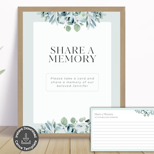 Plaque et cartes funéraires en souvenir, carte commémorative personnalisable verdure, modèle modifiable sur toile souvenir de célébration de la vie, boîte à souvenirs