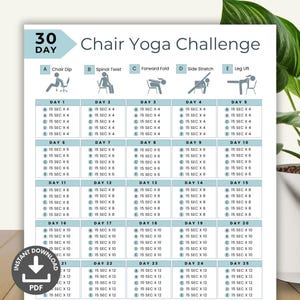 30 Day Chair Yoga Challenge, Quick Office Workout, Sitting Workout, Chair Exercises Guide, Seated Fitness Exercise, Desk Workout Printable