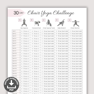 30 Day Chair Yoga Challenge, Quick Office Workout, Sitting Workout, Chair Exercises Guide, Seated Fitness Exercise For Seniors Printable