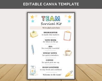 Kit de supervivencia laboral imprimible, etiqueta de bienvenida para el equipo, etiquetas de agradecimiento en colores pastel, obsequios divertidos para compañeros de trabajo, plantilla editable de Canva