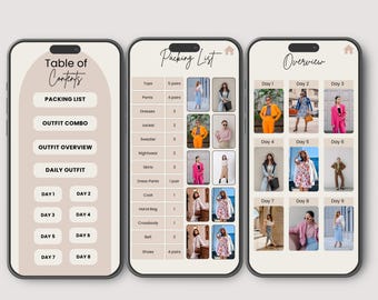 May include: A mobile phone screen displaying a packing list for a trip. The list includes items like tops, pants, dresses, jackets, sweaters, nightwear, skirts, dress pants, coats, hand bags, crossbodies, belts, and shoes. The screen also shows a daily outfit overview with photos of different outfits for each day of the trip.