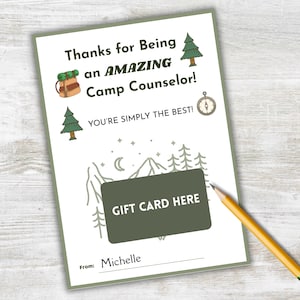 Camp Counselor Gift Card Holder, Thank You To Camp Counselor Printable Card, Summer Camp Appreciation Note for Counselors