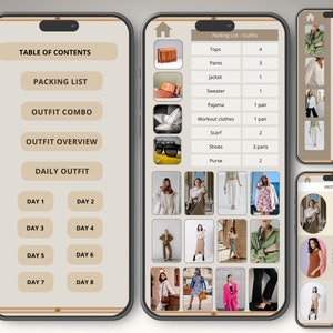 May include: A mobile phone screen displaying a packing list for a trip. The list includes items like tops, pants, jackets, sweaters, pajamas, workout clothes, scarves, shoes, and purses. The screen also shows a daily outfit planner with eight days of outfits.