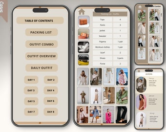 Organizzatore di guardaroba digitale, modello Canva completamente modificabile, pianificatore di outfit da viaggio per preparare i bagagli in modo efficiente, link cliccabili