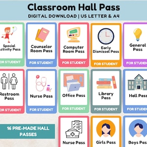 School Hall Pass Printable, Teacher Hall Pass, Teacher Must Have, Back to School, Bathroom Pass, Library Nurse Office Passes, Teacher Supply