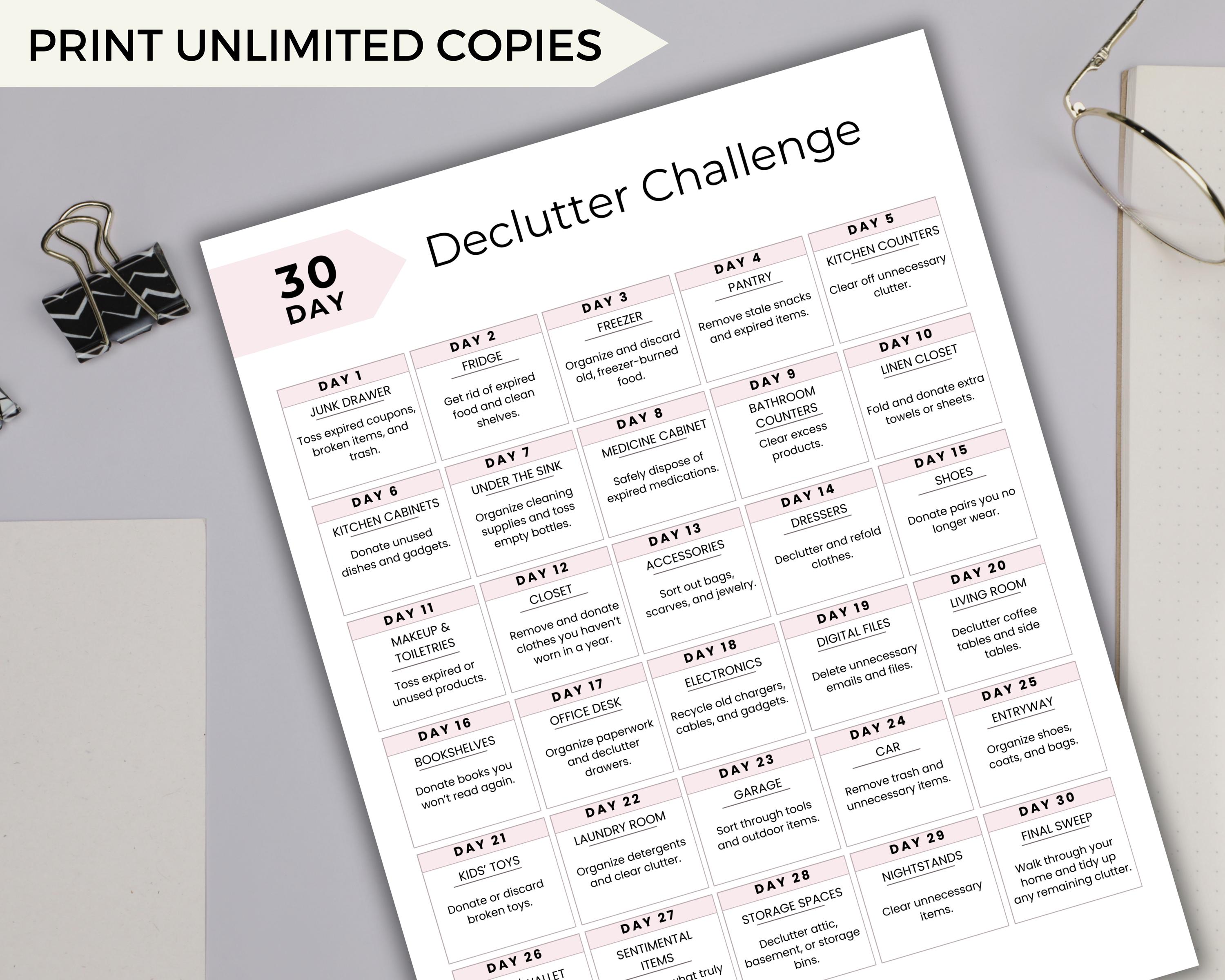 30 Day Declutter Challenge Printable, Home Organization Checklist ...