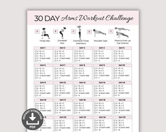 Pode incluir: Um gráfico imprimível de desafio de treino de braços de 30 dias. O gráfico é rosa e branco, com exercícios como flexões de tríceps, remada com halteres e extensões de tríceps acima da cabeça. Inclui um ícone PDF de download instantâneo.