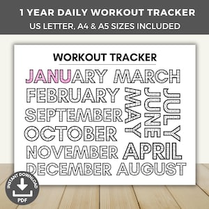May include: A printable workout tracker with a black and white design. The months of the year are listed in a vertical column, with each month having a grid of 31 squares. The months are arranged in a unique order: January, March, February, May, June, July, September, November, October, April, December, August. The text "WORKOUT TRACKER" is at the top of the page.