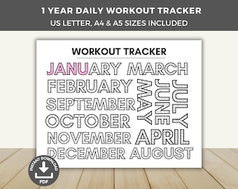 Workout Tracker 2026 Printable, Daily Monthly Yearly Fitness Tracker, Coloring Exercise Log, 365 Days of Exercise Calendar, A4, A5 US Letter