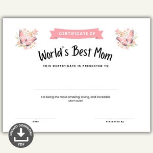 Certificado de Mejor Mamá del Mundo Imprimible, Premio a la Mamá Minimalista, Regalo del Día de la Madre, Regalo de Cumpleaños para Mamá, Archivo PDF, A4 y Carta de EE. UU.