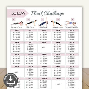 30 Day Plank Challenge, Fitness Guide, Core Workout Plan, Plank Challenge Calendar, Abs and Core Workout, Home Fitness Planner Printable