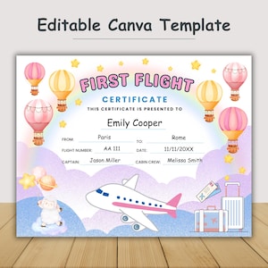 赤ちゃんの初飛行証明書、旅行の記念品（印刷可能）、マイルストーン賞、マイルストーンギフト、バケーションギフト、編集可能なCanvaテンプレート