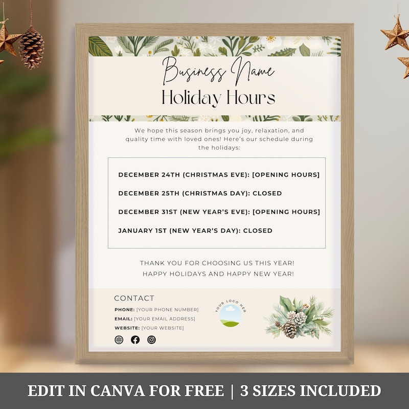Holiday Hours Sign Template Etsy
