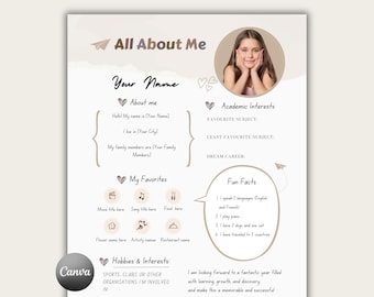 All About Me Editable Canva Template, First Day of School, Get to Know Me Worksheet, Classroom Activity, Minimalist Meet the Student