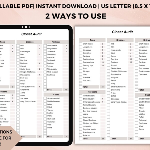 Wardrobe Checklist Printable Outfit Manager Minimalist Closet Organizer, Wardrobe Audit, Closet Declutter Tool, Closet Audit, Fillable PDF