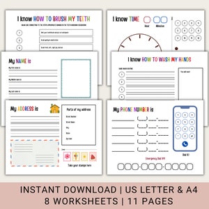 Puede incluir: Hojas de trabajo imprimibles para niños para practicar la escritura de su nombre, dirección, número de teléfono y aprender a cepillarse los dientes, decir la hora y lavarse las manos. Las hojas de trabajo presentan ilustraciones coloridas e instrucciones simples.