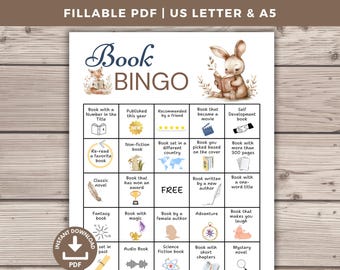May include: A printable book bingo card with a light brown background and a light blue title bar. The title bar says "Book Bingo". The card has 25 squares with different book-related prompts. The prompts include "Book with a number in the title", "Published this year", "Recommended by a friend", "Re-read a favorite book", "Non-fiction book", "Book set in a different country", "Classic novel", "Book that has won an award", "Book that became a movie", "Self Development book", "Book you picked based on the cover", "Book with more than 300 pages", "FREE", "Book written by a new author", "Book with a one-word title", "Fantasy book", "Book with magic", "Book by a female author", "Adventure", "Book that makes you laugh", "Set in past", "Audio Book", "Science Fiction book", "Book with short chapters", "Mystery novel".