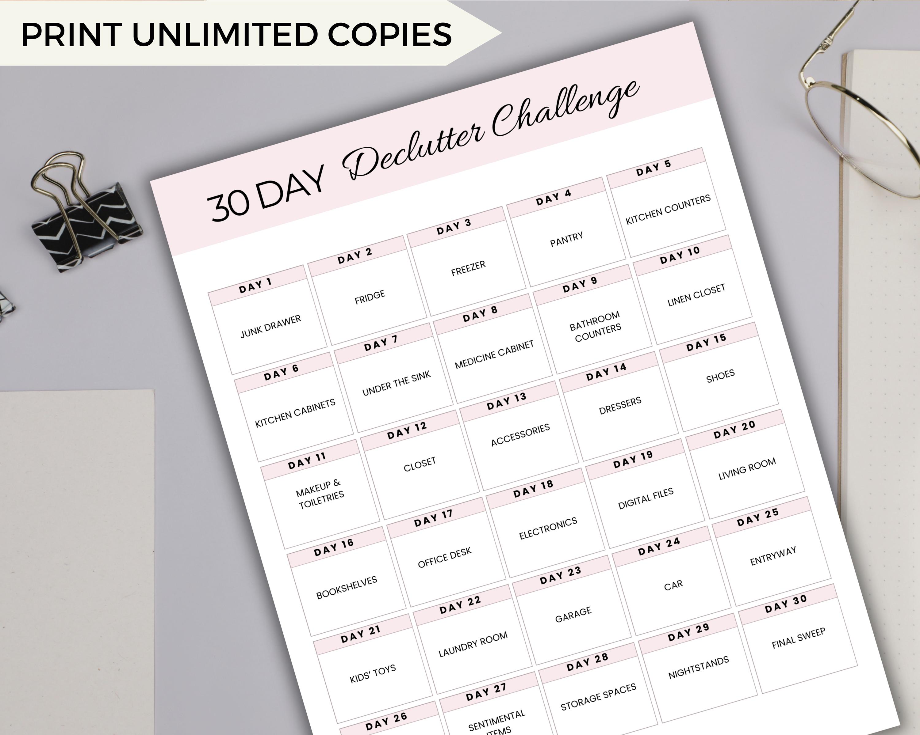 30 Day Declutter Challenge Printable, Home Organization Checklist ...