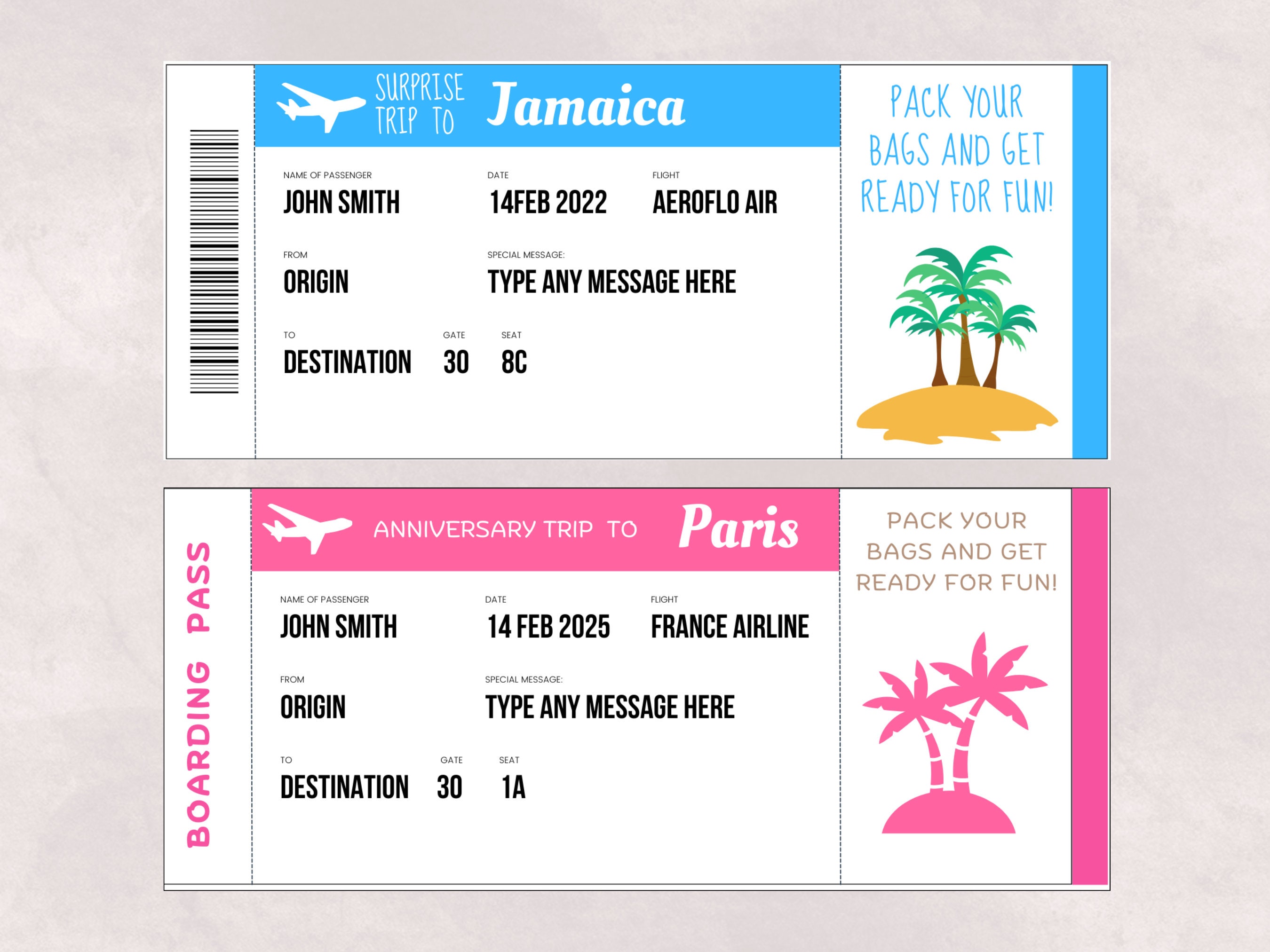 Printable Boarding Pass, Fillable Boarding Pass, Travel Invitation