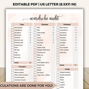 Wardrobe Checklist, Closet Inventory, Outfit Tracker, Minimalist Closet Audit, Personal Style Planner, Outfit Shopping Guide, Fillable PDF