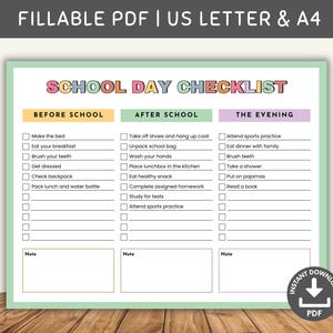 School Day Checklist Fillable PDF, Kids Daily Routine, Responsibility Chart Printable, Before After School Chore Chart, Daily Task Tracker