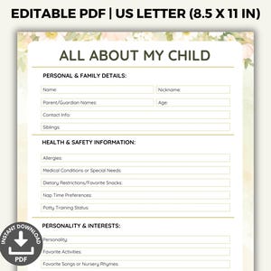 Folha de creche Tudo sobre meu filho, Formulário de creche para impressão, Questionário de informações sobre a criança, Modelo de creche, Sobre mim na pré-escola, PDF preenchível