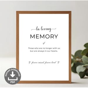 May include: A wooden framed sign with the words "In loving memory" in a script font. The sign includes the phrases "Those who are no longer with us, but are always in our hearts" and "forever missed, forever loved". A PDF download icon is in the lower left.