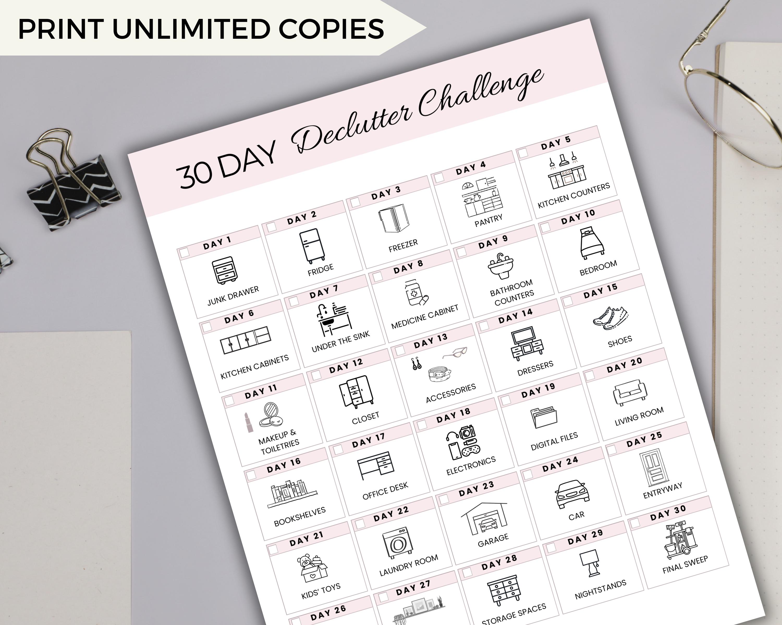 30 Day Declutter Challenge Printable, Home Organization Checklist ...