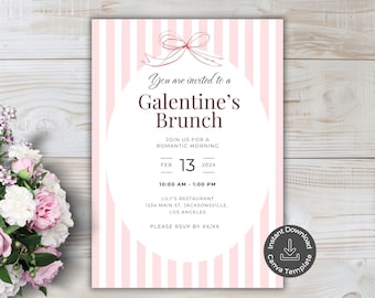 Galentines Day Invitation, Valentine's Brunch Invite, Pink Bow Party Invitation, Girls Brunch Invitation Flyer, Editable Canva Template, 5x7