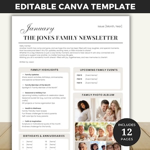 Maandelijkse familienieuwsbrief met foto's, minimalistische nieuwsbrief van één pagina, familie-updates en communicatie, familiefoto, bewerkbare canva-sjabloon