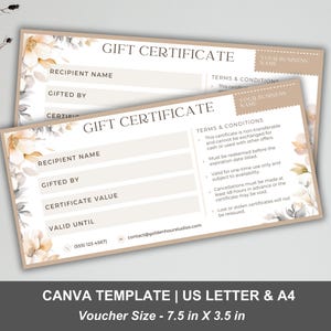 Gift Voucher Template, Beauty Gift Card, Neutral Floral Gift Certificate for Esthetician, Massage Lash Hair Salon Nails Tech, Edit in Canva