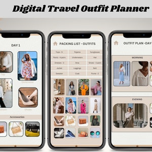 Op de afbeelding: Een digitale reisoutfitplanner-app-interface met drie schermen. Het eerste scherm toont een lijst met kledingstukken voor een outfit voor een dag, waaronder een top, onderkant, schoenen en accessoires. Het tweede scherm toont een paklijst met categorieën voor tops, broeken, jurken, jassen, truien, pyjama's, ondergoed, bh's, leggings, jassen, zonnebrillen, hoeden, schoenen, riemen en handtassen. Het derde scherm toont een outfitplan voor de dag, met secties voor ochtend en avond, en bevat afbeeldingen van kledingstukken en accessoires.