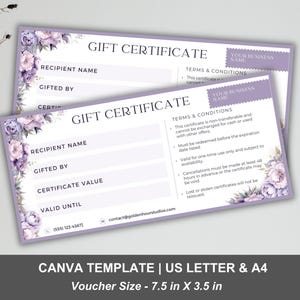 Gift Certificate Template for Beauty Business, Peony Floral Esthetician Voucher for Massage, Lash, Hair Salon, Nails Tech, Edit in Canva